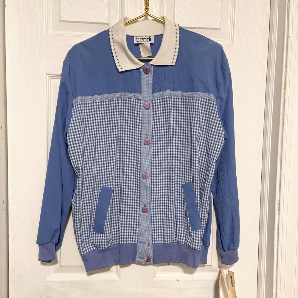 Vintage deadstock NWT teddi made in USA gingham blue lightweight jacket Sz M